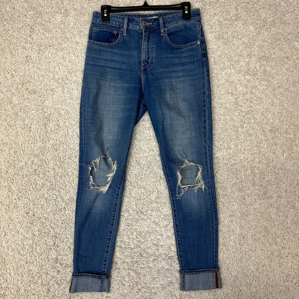 Levis 721 High Rise Skinny Jeans‎ Womens 27 Blue Denim Distressed Holes Med Wash